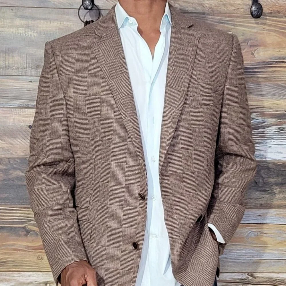 Paul Stuart 100% Wool Dual Vent Check Weave Blazer Sport Jacket 44 Tall Long